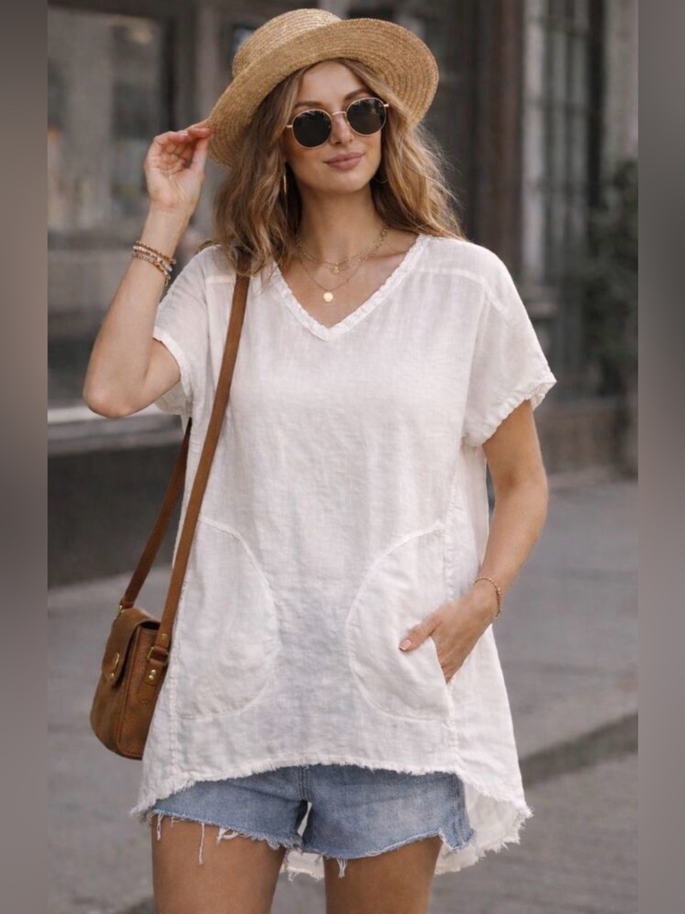 100% Linen xcvi Wearables Casual Lightweight V-Neck White Tunic Top, High Low, L